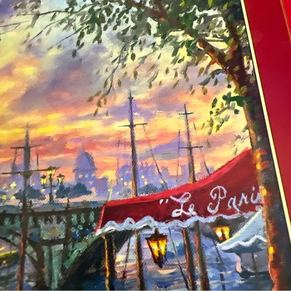 Tea Time in Paris HTF 500 pc Puzzle Stylized Eiffel Tower Bridge Boats Outside - Picture 3 of 10